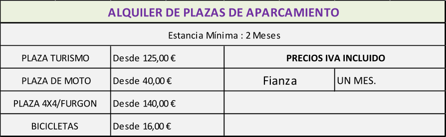 BICICLETAS  Desde 16,00 € PLAZA 4X4/FURGON Desde 140,00 € ALQUILER DE PLAZAS DE APARCAMIENTO  Estancia Mínima : 2 Meses PLAZA TURISMO Desde 125,00 € PRECIOS IVA INCLUIDO PLAZA DE MOTO Desde 40,00 € Fianza UN MES.
