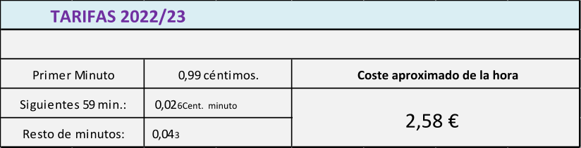 Coste aproximado de la hora 2,58 € TARIFAS 2022/23   Primer Minuto Siguientes 59 min.: Resto de minutos: 0,99 céntimos. 0,02 6Cent.  minuto 0,04 3