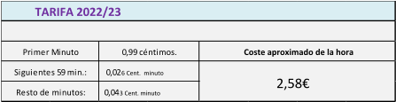 Coste aproximado de la hora 2,58€ TARIFA 2022/23       Primer Minuto Siguientes 59 min.: Resto de minutos: 0,99 céntimos. 0,02 6 Cent.  minuto 0,04 3 Cent. minuto