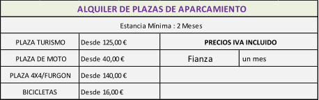 BICICLETAS  Desde 16,00 € PLAZA 4X4/FURGON Desde 140,00 € ALQUILER DE PLAZAS DE APARCAMIENTO  Estancia Mínima : 2 Meses PLAZA TURISMO Desde 125,00 € PRECIOS IVA INCLUIDO PLAZA DE MOTO Desde 40,00 € Fianza  un mes